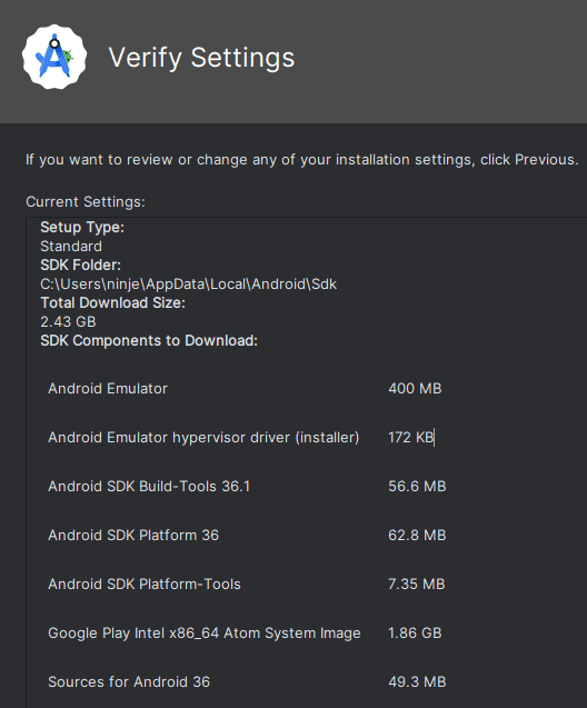 Standard Android Studio installation components.
