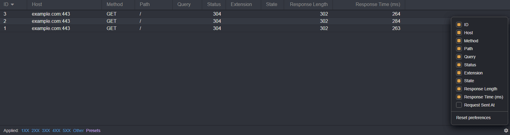 Column inclusion/exclusion options menu.