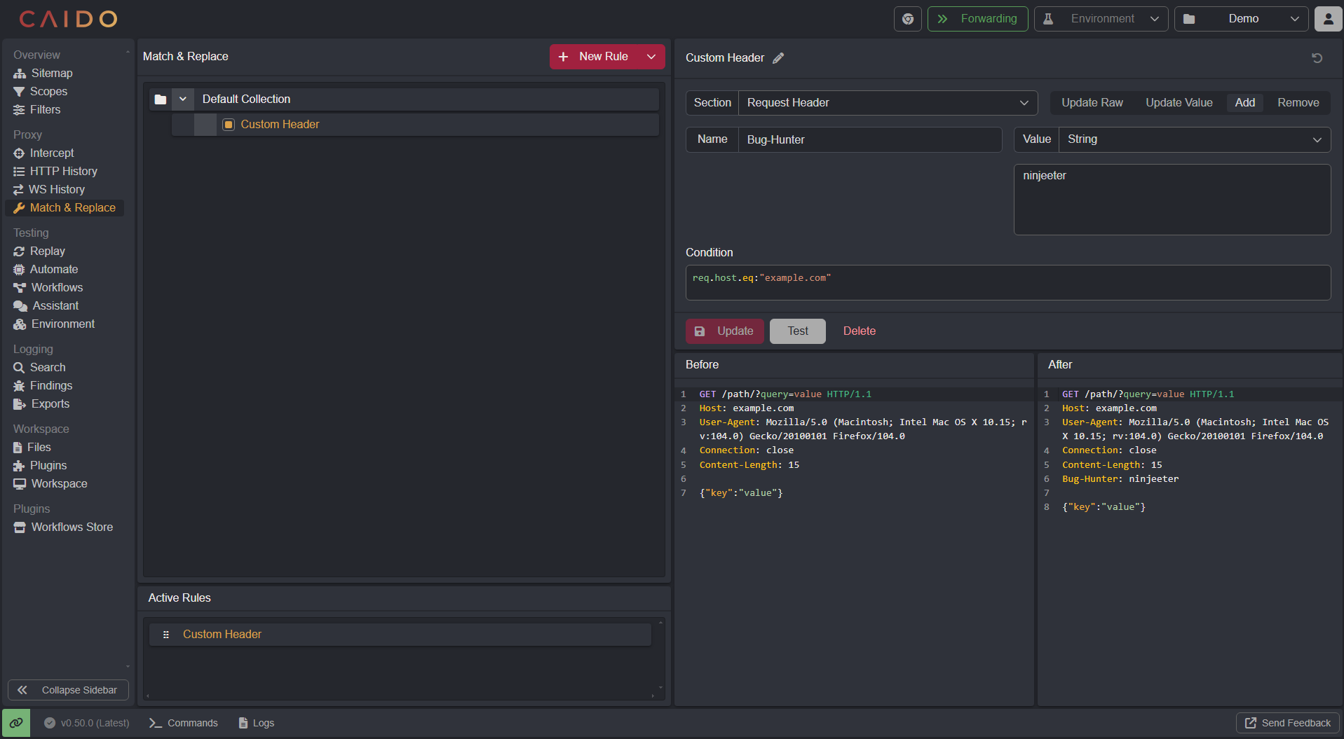 The Match & Replace interface.