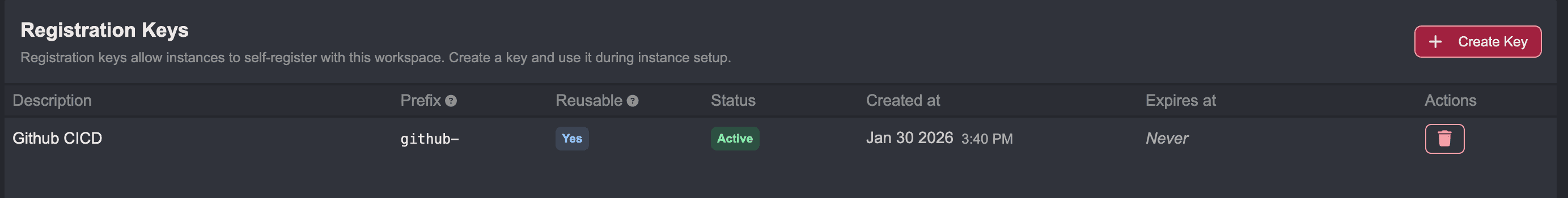 Registration Key table